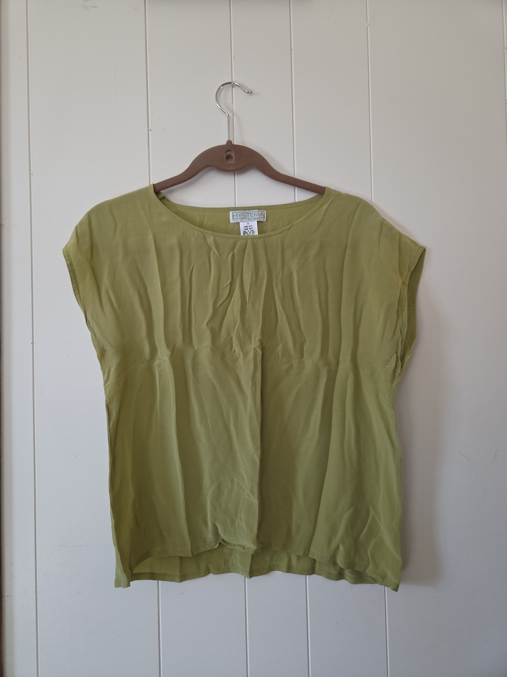 Vintage Hysteria | Olive Green 100% Silk Short Sleeve Top | Sz M